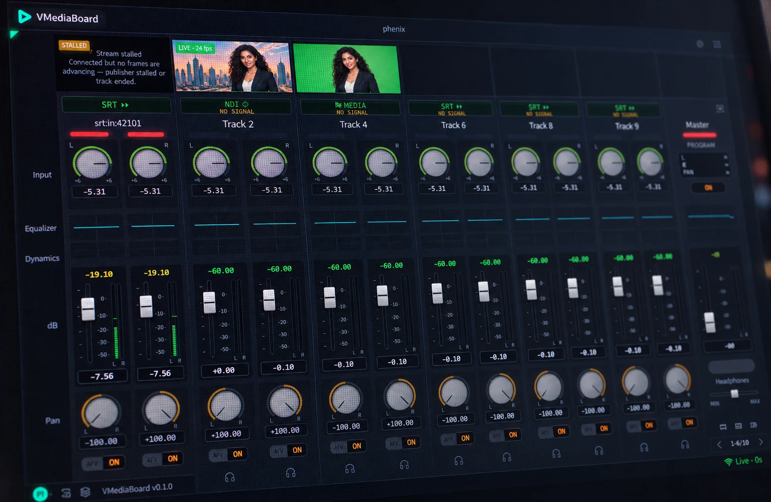 The VMediaBoard audio mixer with a channel strip per source and the master on the right