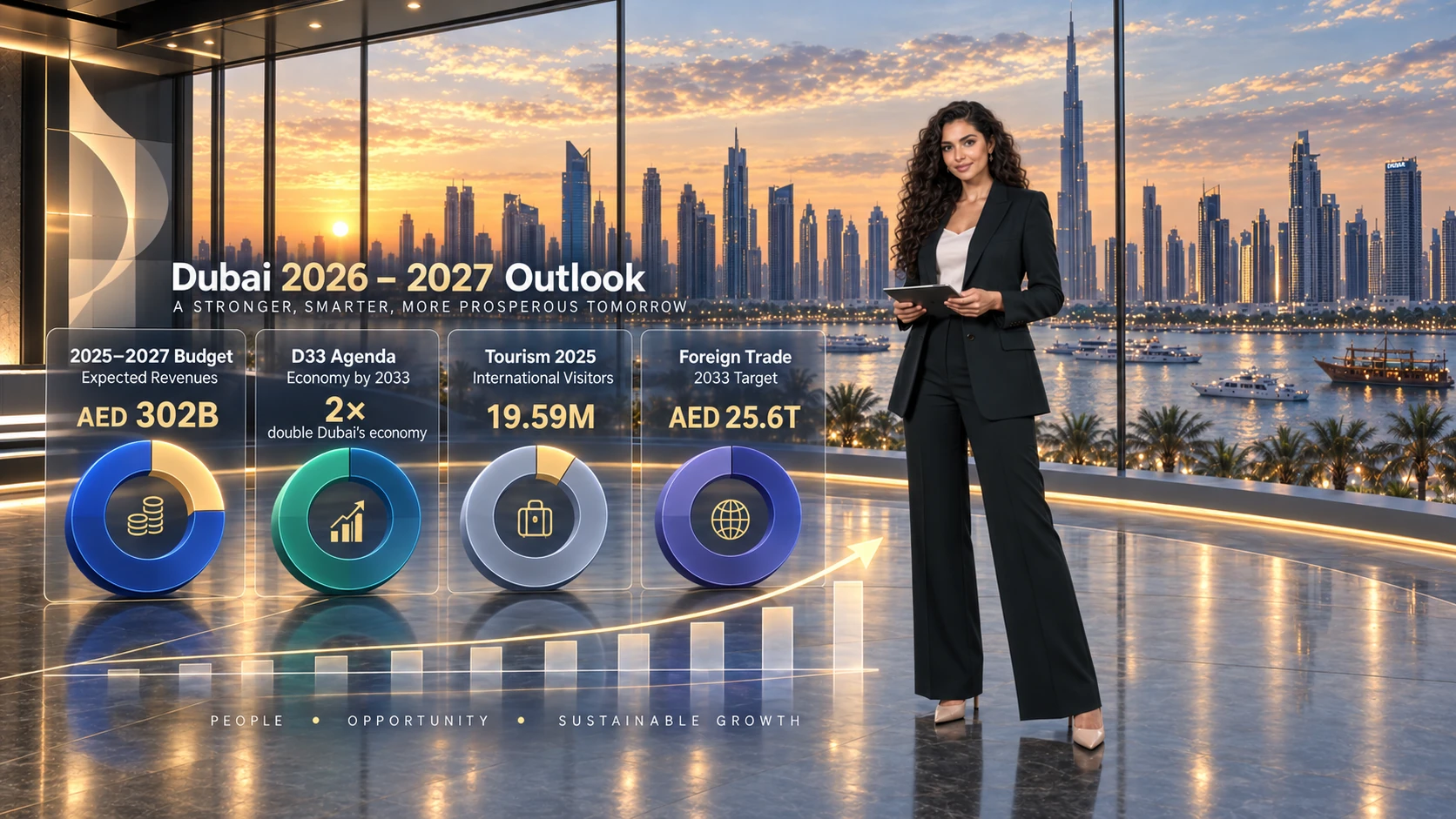 المقدّمة نفسها في استوديو اقتصادي افتراضي، تعرض توقعات دبي لعامَي 2026 و2027 ببطاقات بيانات ورسوم بيانية، وخلفها أفق المدينة عند الغروب