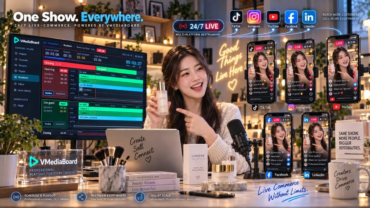 A show scheduled in the rundown and streamed at the same time to several phones showing different platforms