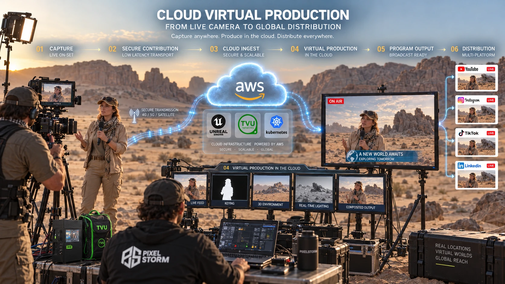 Cloud virtual production from live camera to global distribution: capture on set, secure contribution, cloud ingest, virtual production in the cloud, program output on the field monitor and distribution to several platforms