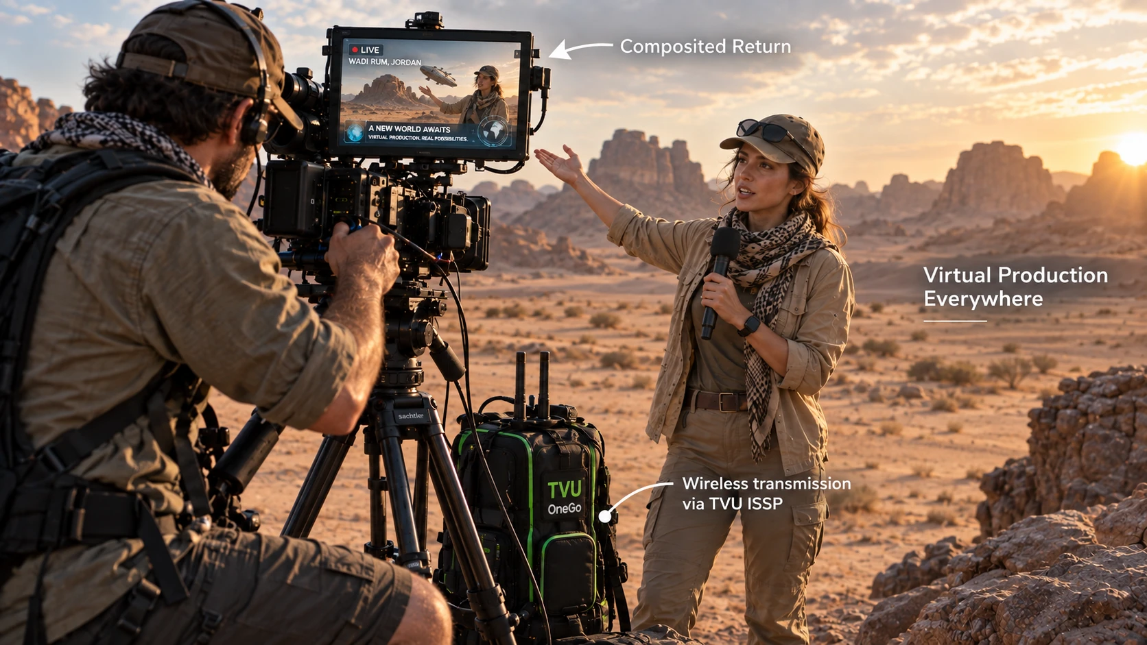 A camera operator and a reporter in the desert; the camera monitor shows the composited program returned from the cloud, and a TVU transmitter sits beside the tripod