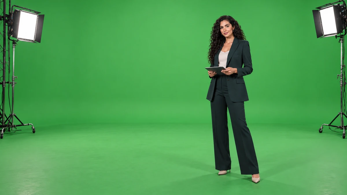 A presenter with a tablet in a lit green-screen studio
