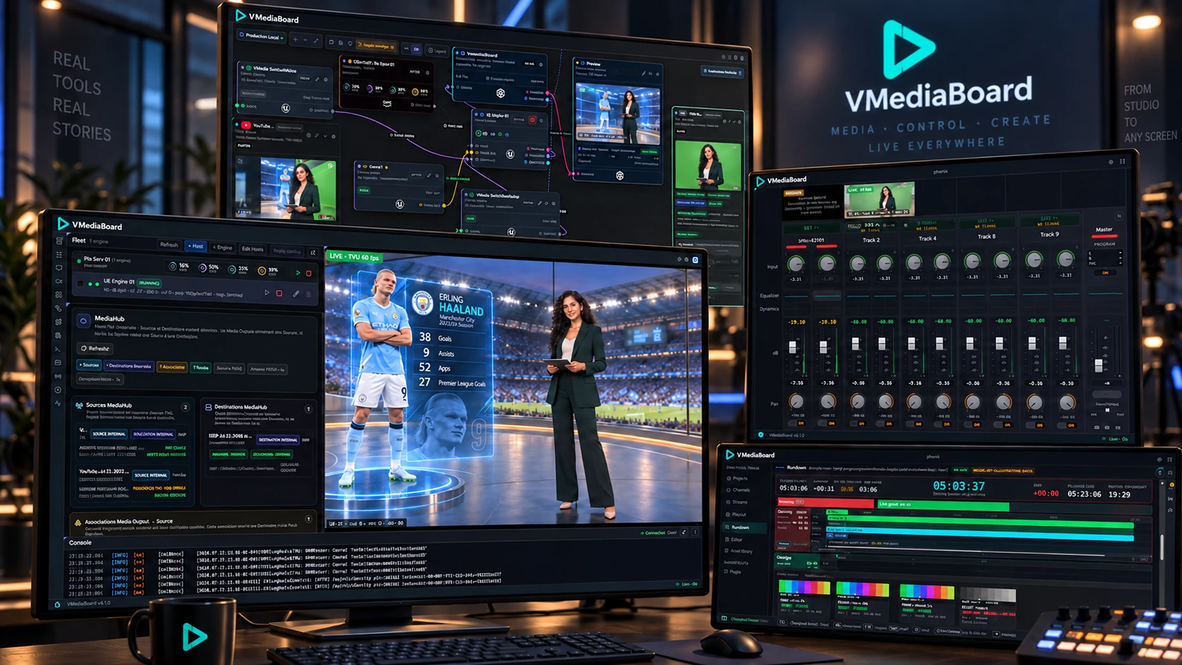 A VMediaBoard control room: a virtual sports set on the main screen, with the routing graph, the audio mixer and the rundown on the surrounding monitors