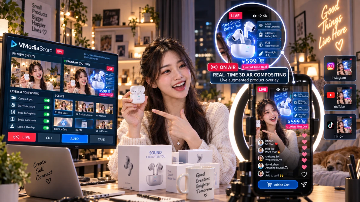 A creator presents earbuds from home while a 3D product, the price and an offer are added to her stream