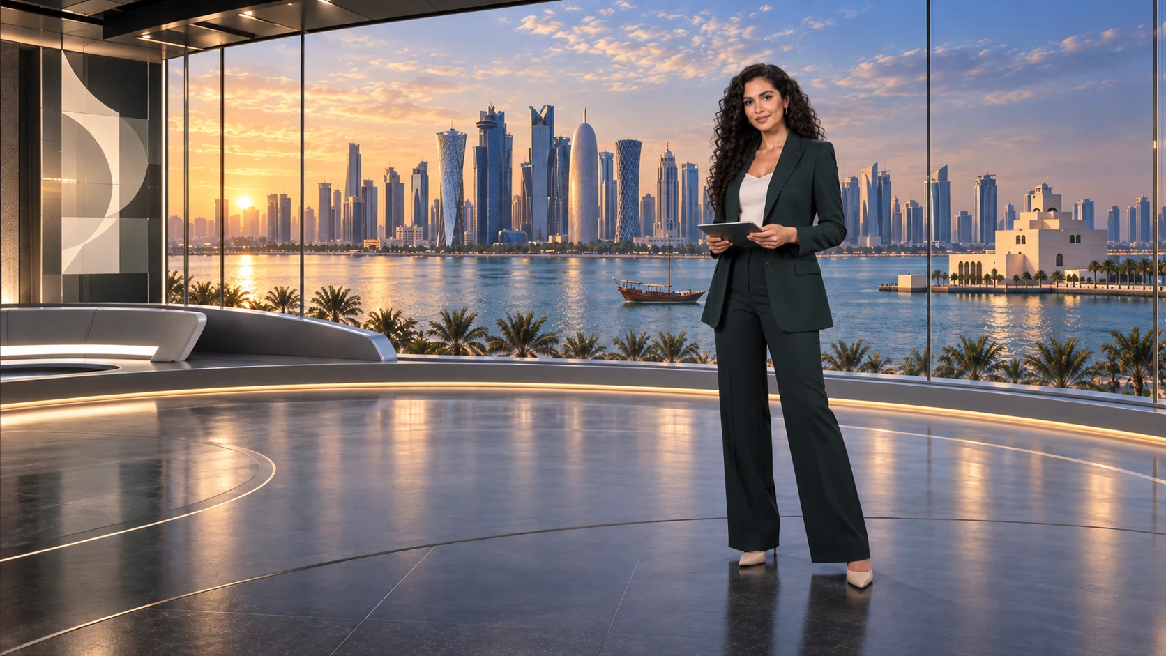 The same presenter in a virtual newsroom overlooking a city skyline at sunset