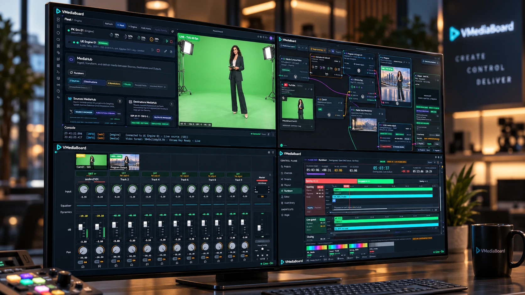 The VMediaBoard workspace on one monitor: sources and live preview at the top left, the routing graph at the top right, the audio mixer at the bottom left and the rundown at the bottom right