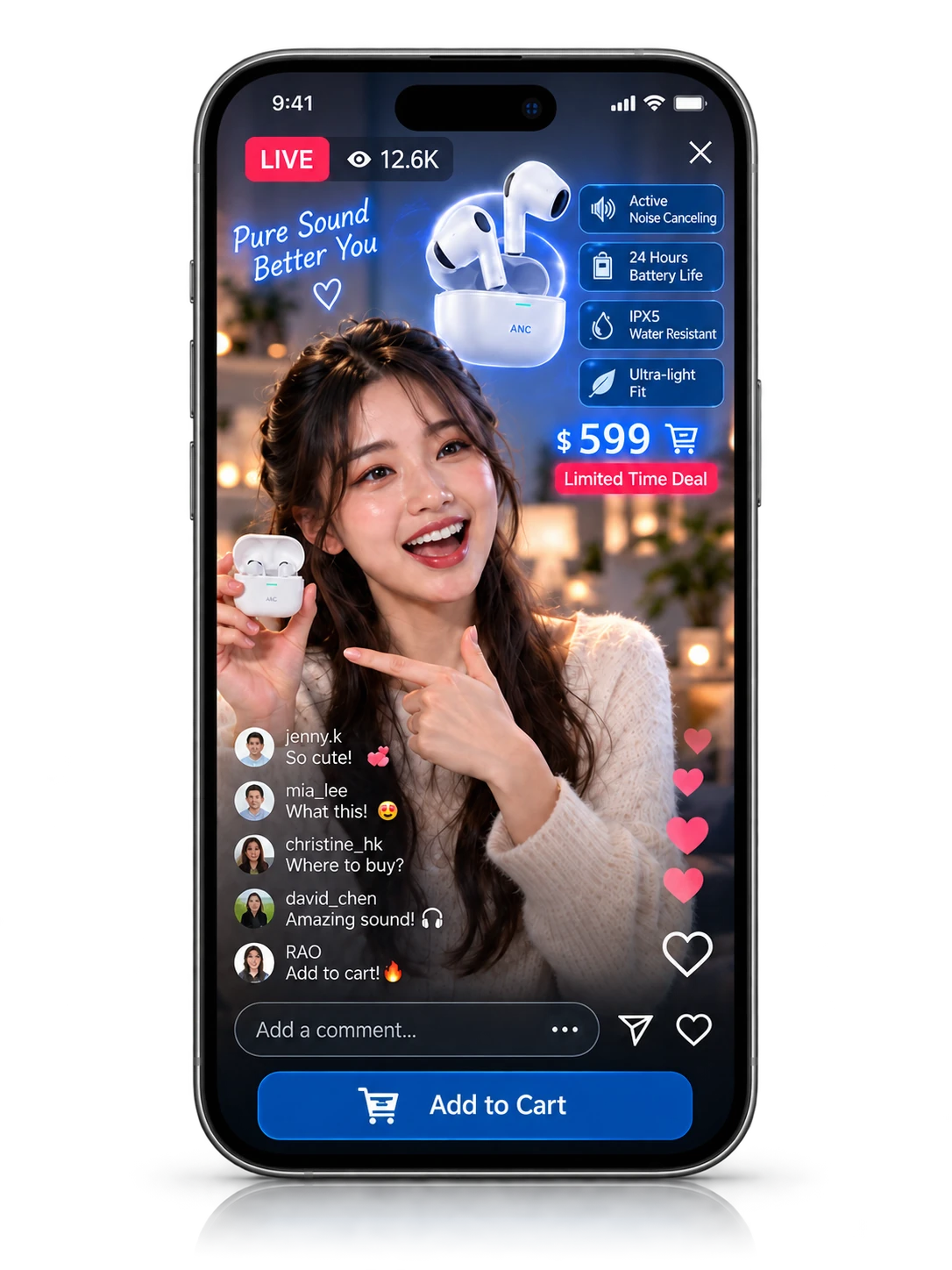 A phone shows a live-commerce stream: the presenter holds earbuds while a 3D product view, feature callouts, a price tag and viewer comments are overlaid
