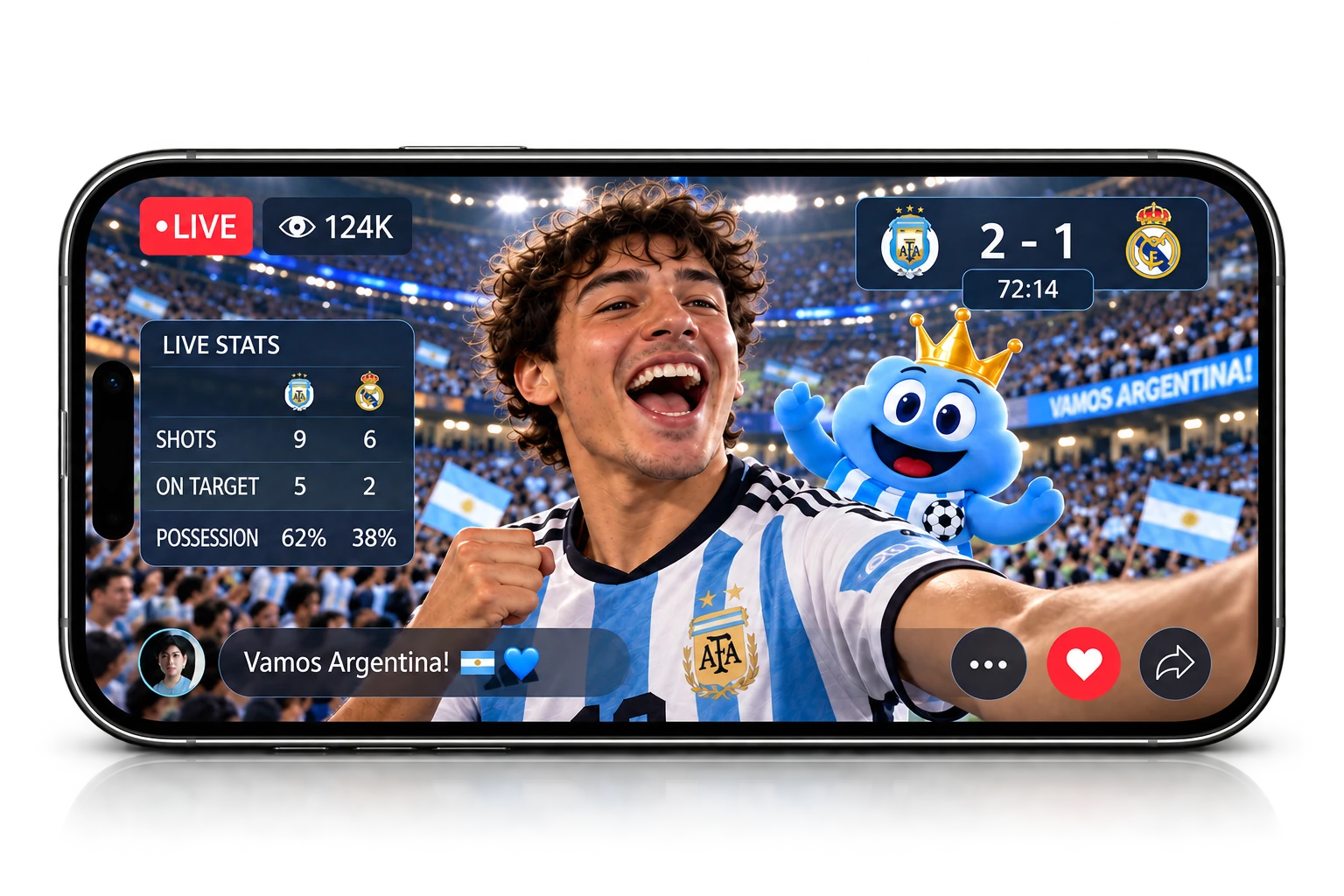 A phone shows a live stream from the stadium: a cheering fan, a 3D mascot, the score and live match statistics