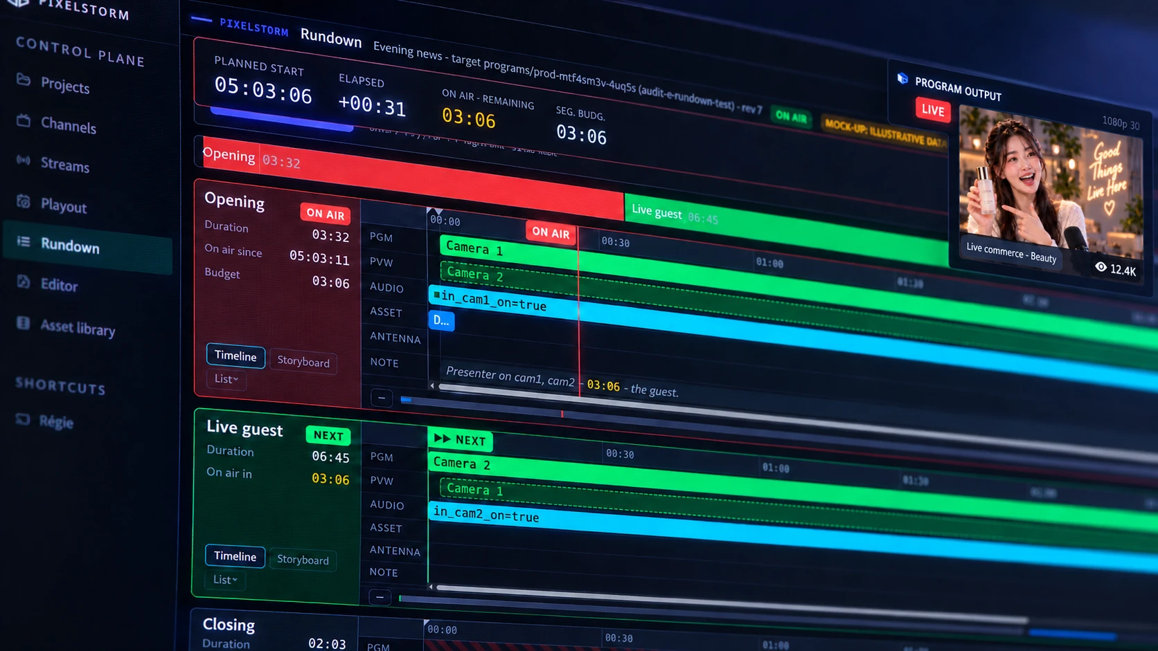 The VMediaBoard rundown: clocks, the Opening segment on air, the Live guest segment next, timeline lanes and the program output