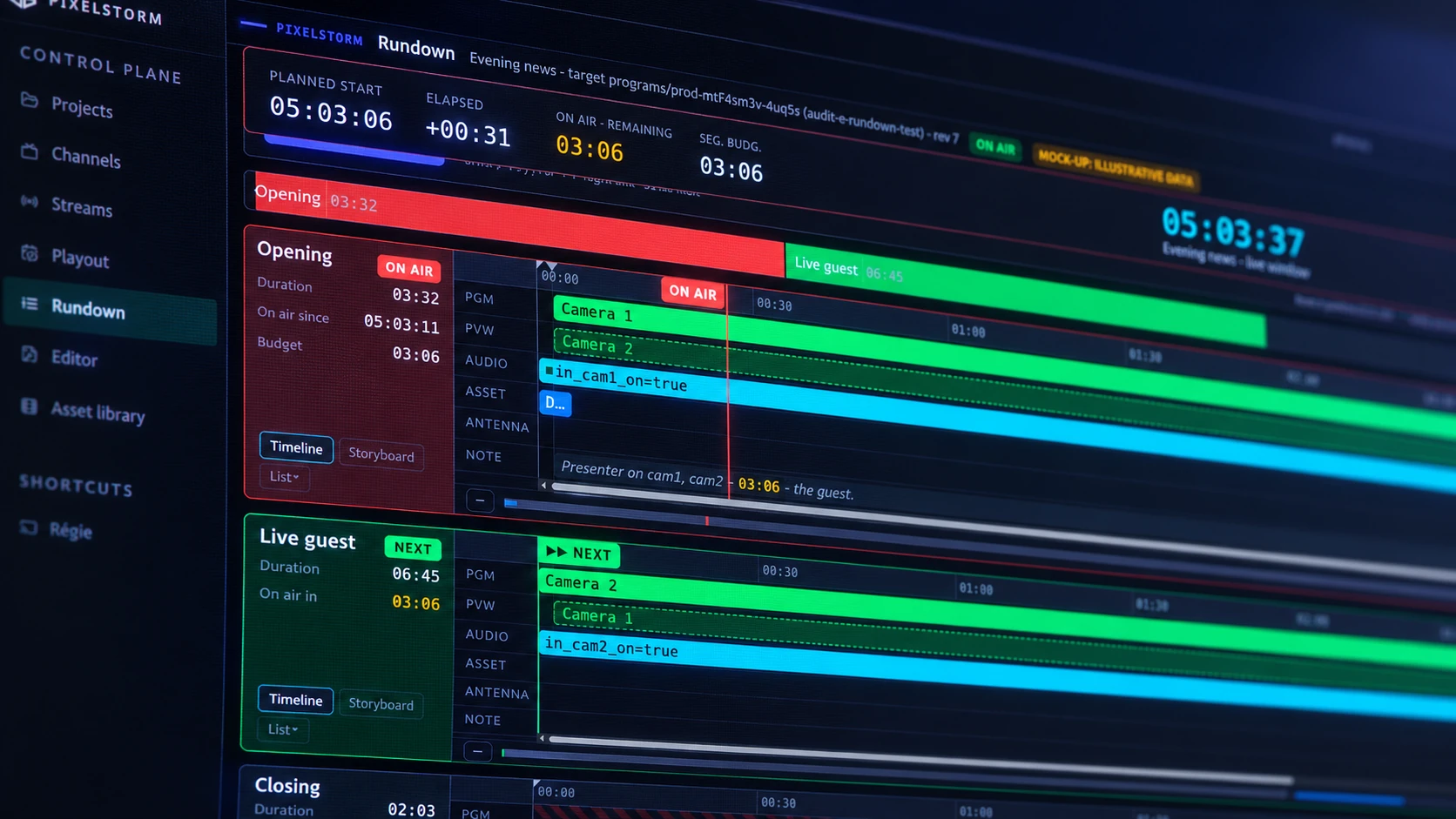 The VMediaBoard rundown seen at an angle: the Opening segment on air in red, the Live guest segment next in green, timeline lanes for cameras and audio, and the clocks for the live window