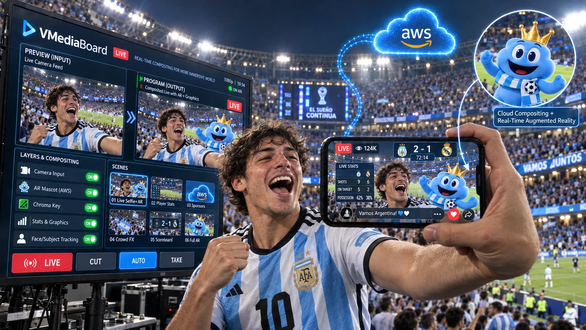 A football fan films a selfie in the stadium while a 3D mascot and live statistics are added to the picture
