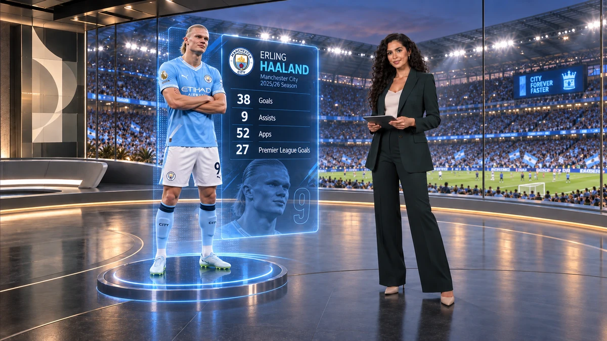 The same presenter in a virtual sports set beside a 3D player graphic with season statistics