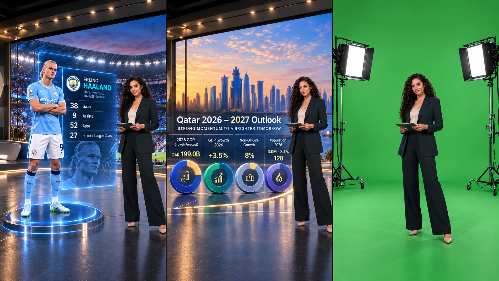 One presenter in three panels: a virtual sports set with a player graphic, a business news set with charts, and the green-screen studio where she is actually filmed